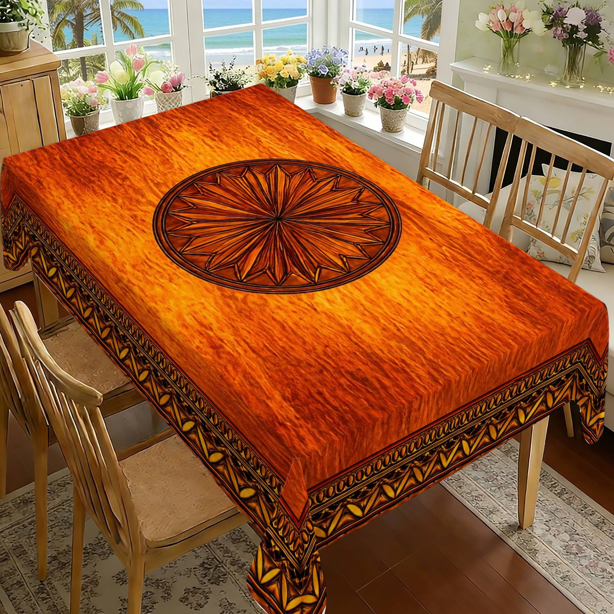 TEMU 2d Flat 1pc Flame Texture Tablecloth, Geometric Circular Pattern Dining Tablecloth, Vintage Design, Rectangular Tablecloth, Soft Material,