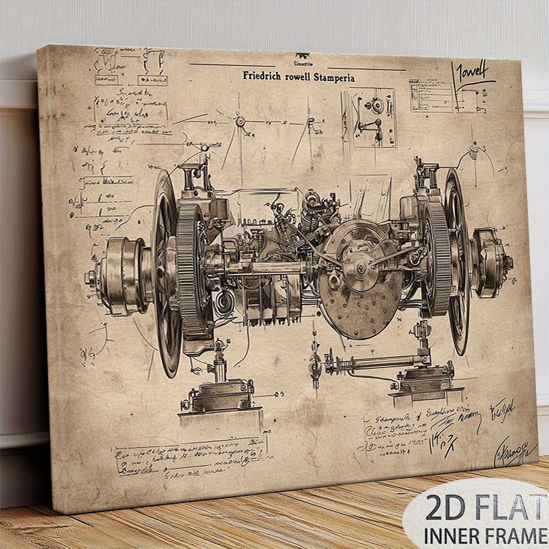 TEMU 1 pièce Impression d'Art de Plan Mécanique Vintage - Dessin Technique à avec Notes et Diagrammes Manuscrits, Peinture sur Toile Encadrée en Bois