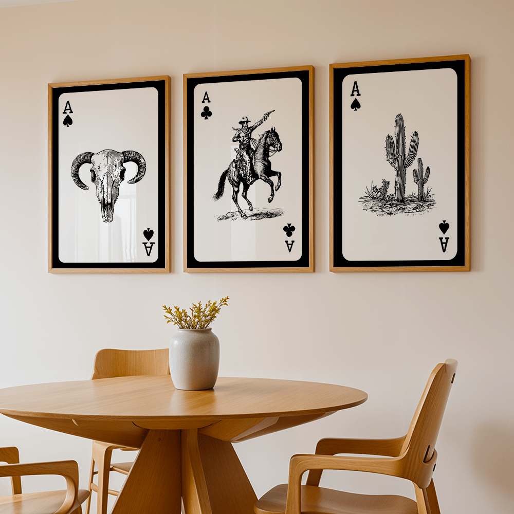 TEMU 3pcs Western Cowboy Wall Art - Longhorn Bull & Playing Card Frameless Canvas Posters, Horizontal Ink Paintings For Southwestern Ranch Decor,