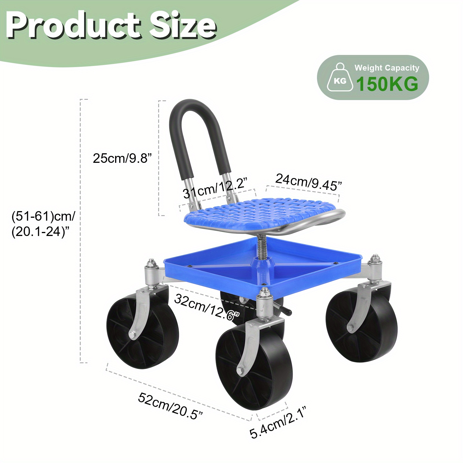 Height Adjustable Work Seat (51-61cm), Garden Bench, Garden Rolling Seat ( Load Capacity 150kg), 360 Degree Rotating Seat, Garden Tool Folding Cart, 12.6"x12.6"x24.02"