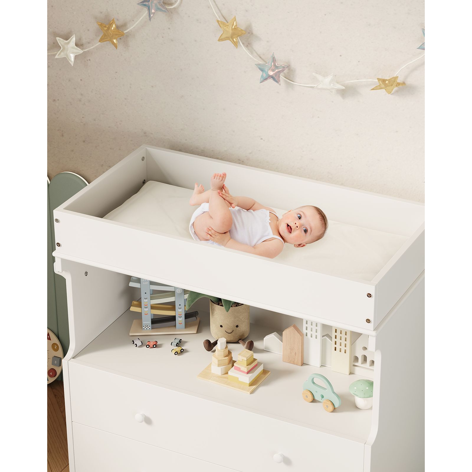 Baby Changing Table Dresser with 2 Drawers & Open Shelf - Modern White Nursery Dresser, Diaper Changing Station with Lock-Free Design, Non-Wood Durable, Easy Assembly for Kids Room, Nursery, Baby Room Storage Organizer