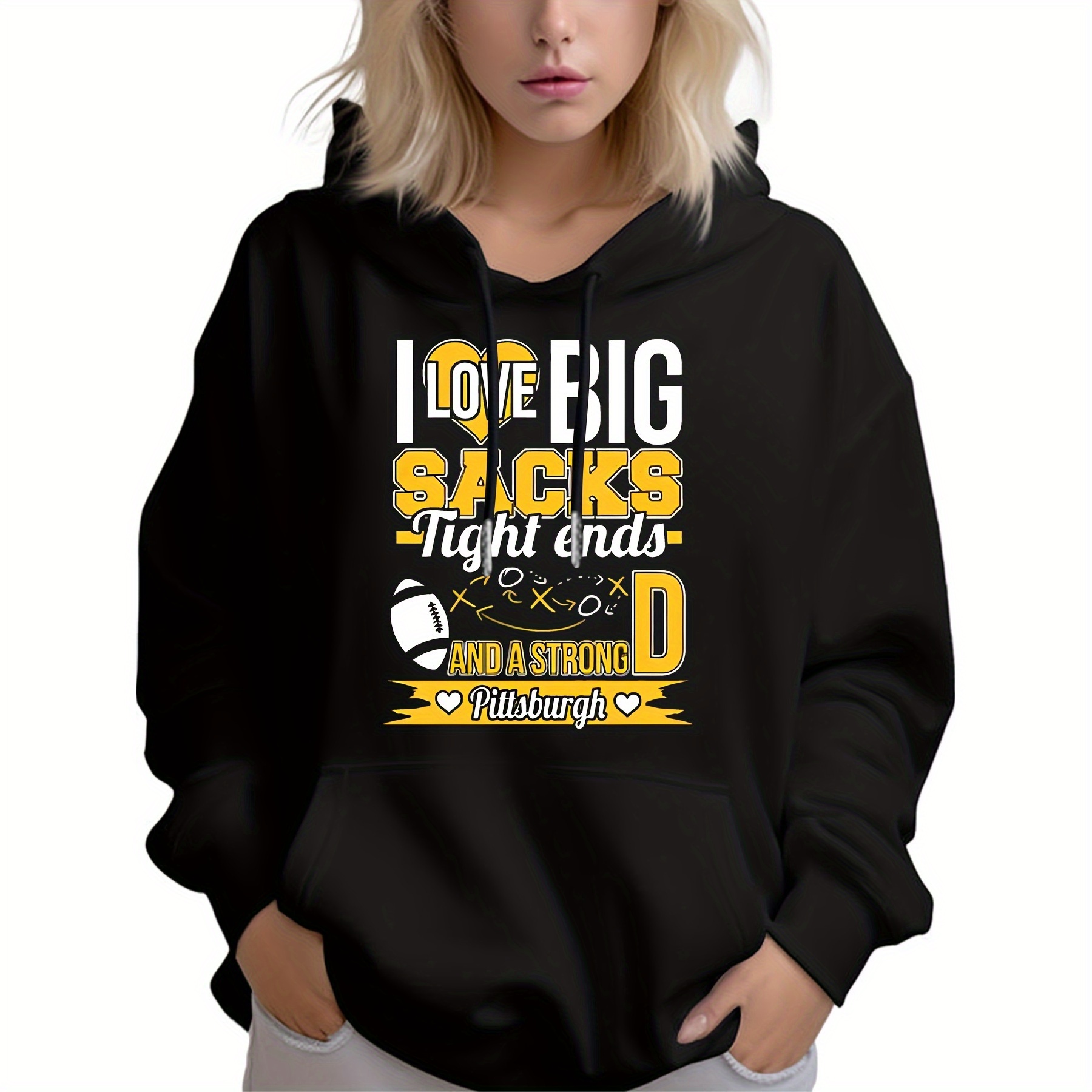 

Pittsburgh Steel Love: Men's Long Sleeve Hoodie With "i Love Big Sacks" & Football Graphic - Comfortable Polyester Pullover, Ideal For Sports & Casual Wear, Football Hoodie