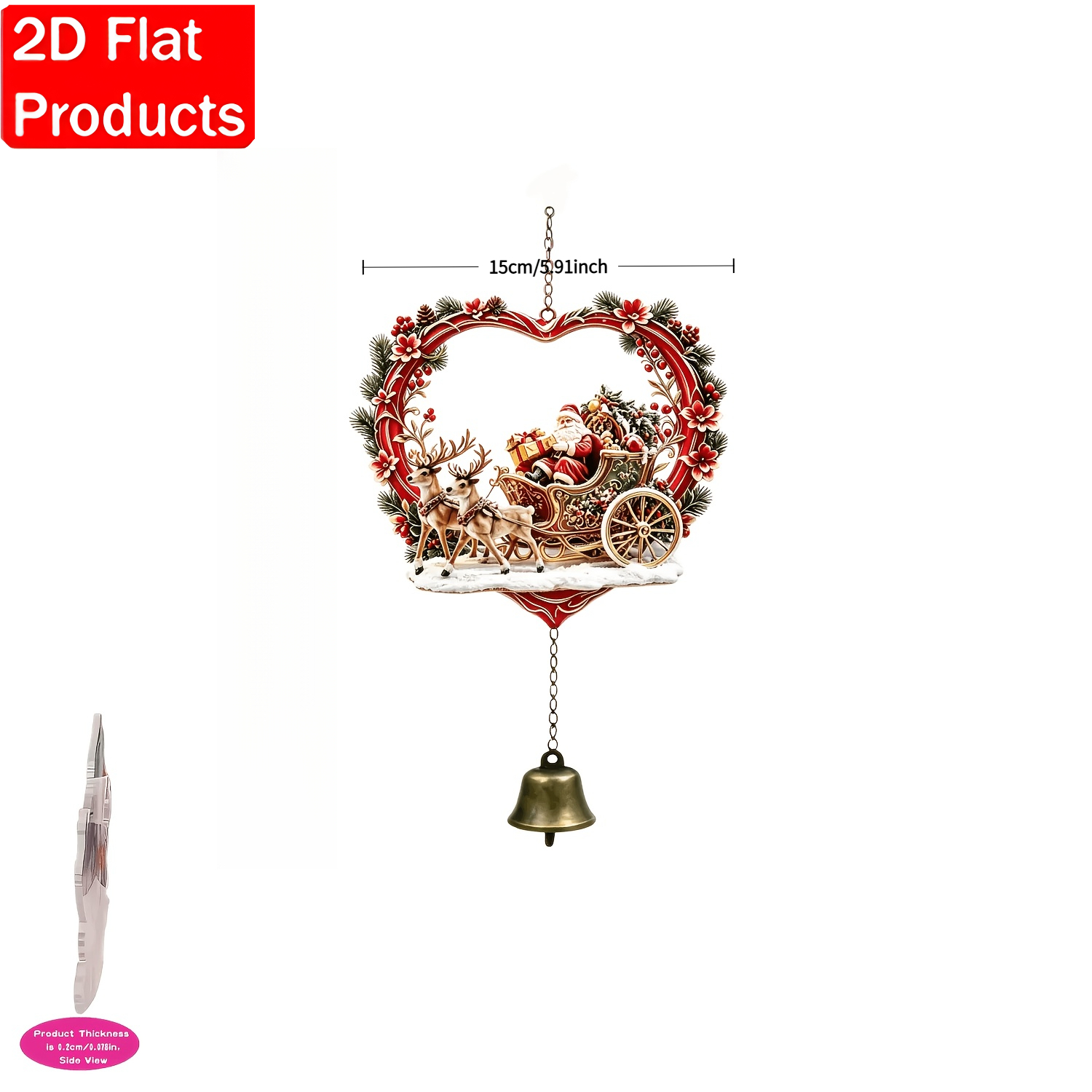 TEMU 2d Flat Printing, Christmas Heart Wreath Santa Reindeer Ornament, Suitable For Door Window Courtyard Hanging Decoration, Warm Festive Atmosphere