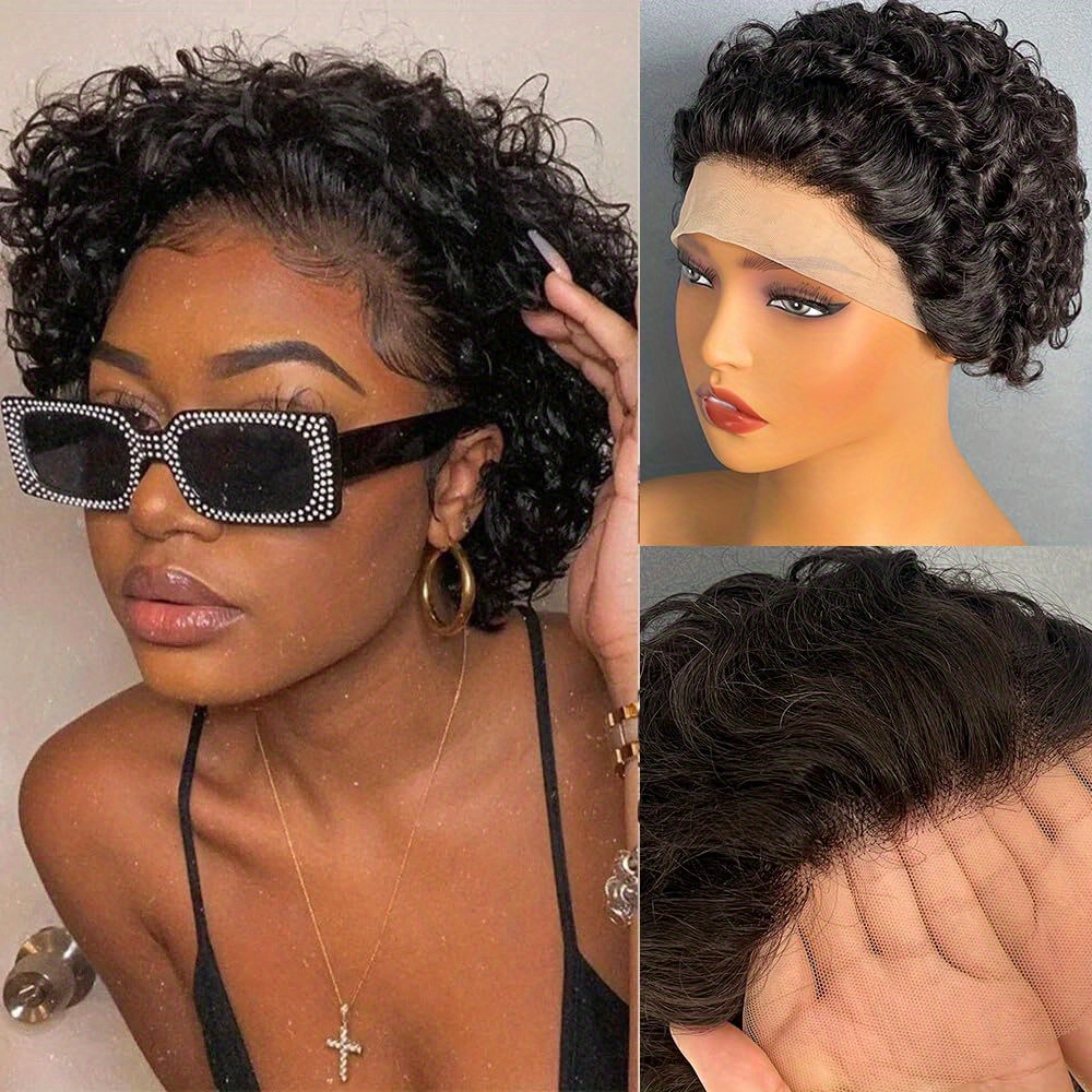 TEMU 180% Density 6 Inch Cut Human Hair Wig With 13x1 Hd/uhd Lace Front - Glueless Bob Wig For, Pre- Baby Hair, Afro Curly/kinky Short Black, Lightweight Breathable For Daily Use