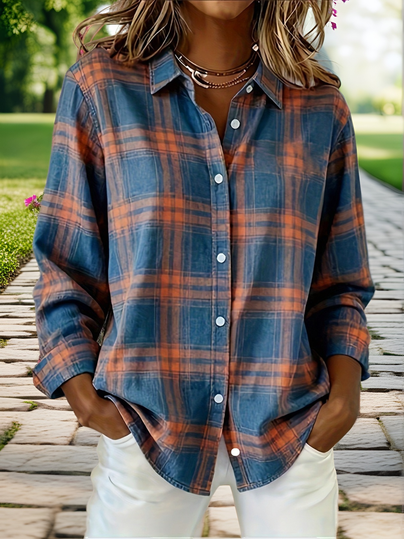 Women's Blue & Orange Plaid Oversized Shirt