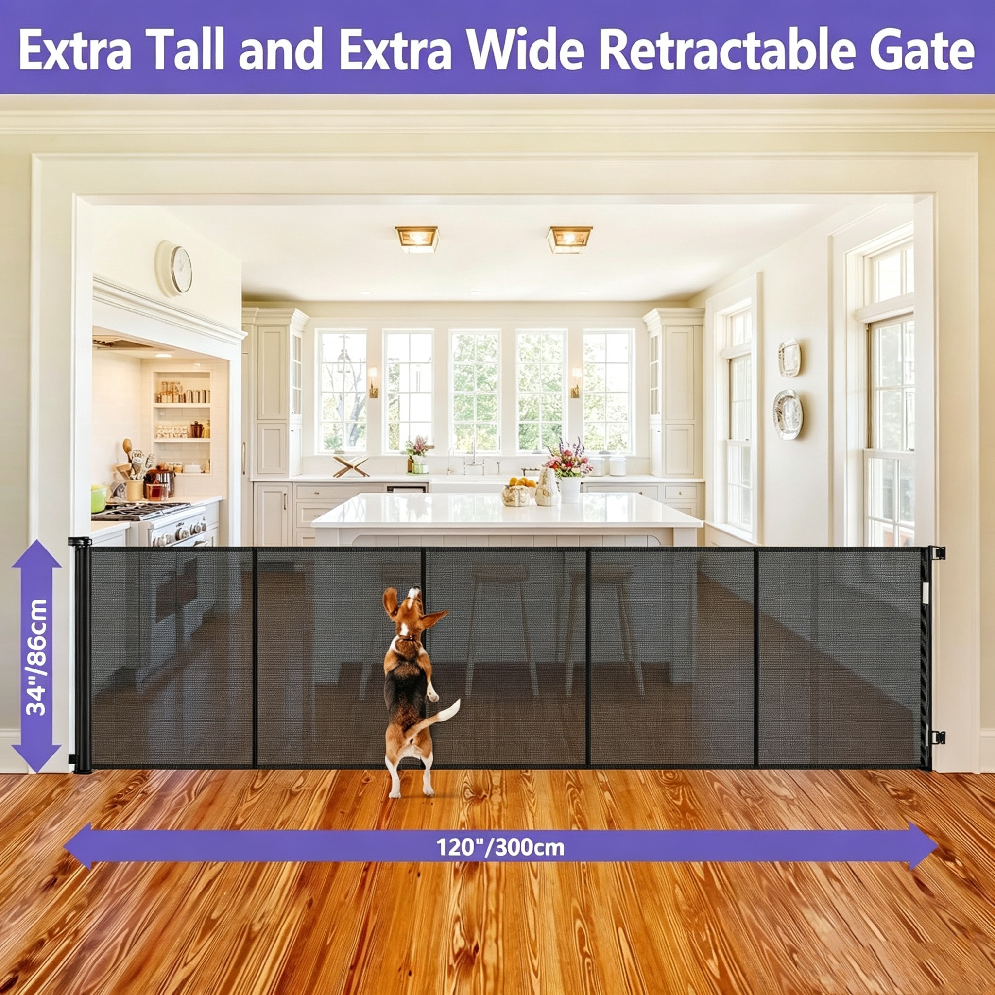 Image of 34 Inch Extra Tall Gate 120 Inch Extra Wide Retractable Gates For Large , Upgraded Retractable Gate Pets From Getting Under Tall Pet Gate, Indoor/ Outdoor Long Dog Gate