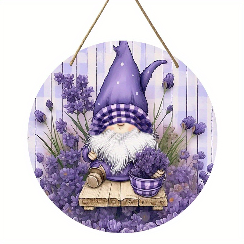 TEMU 1pc Panneau de Gnome Lavande Éblouissant - 8x8 Pouces Jacinthe d'Eau Violette en Bois à Suspendre , Convient pour Noël et Halloween, avec