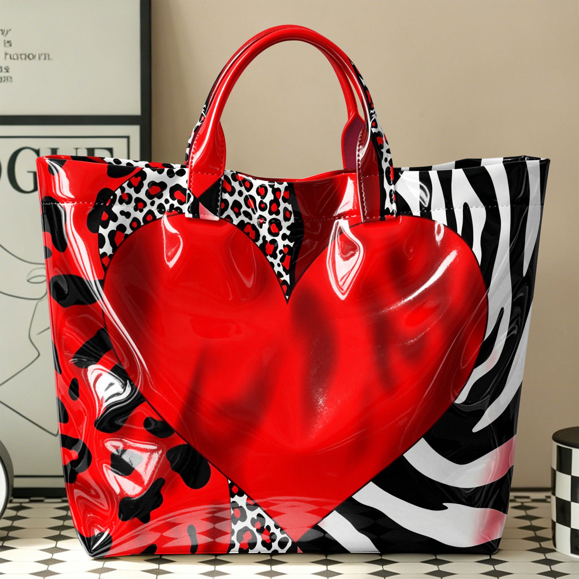Image of Women' Large Capacity Glossy Tote Bag With Animal Print & Heart - Lightweight/shuperfiber Carryall Suitable For Beach, Travel, Work, Shopping, Zipper Closure Handbag, Options (hand Washable)