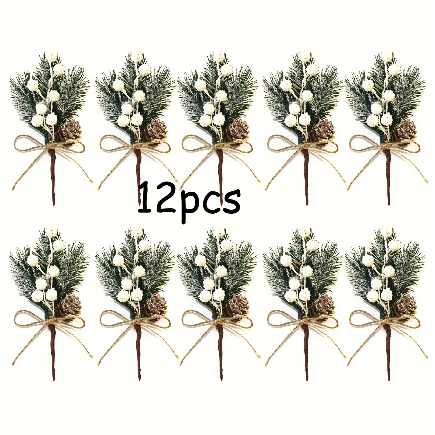 Set Of 12 Artificial Pine Needle Christmas Tree Decorations Featuring Berries, Perfect For Festive For Home Holiday Decor