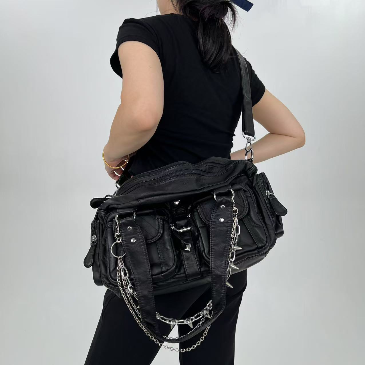 Image of Trendy Retro Casual Handbag For Women, Featuring A Personalized Chain Design Of Y2k Motorcycle Bags. This Street-style Bag Of Washed, Perfect For Work, Commuting, Dates, And Social Events