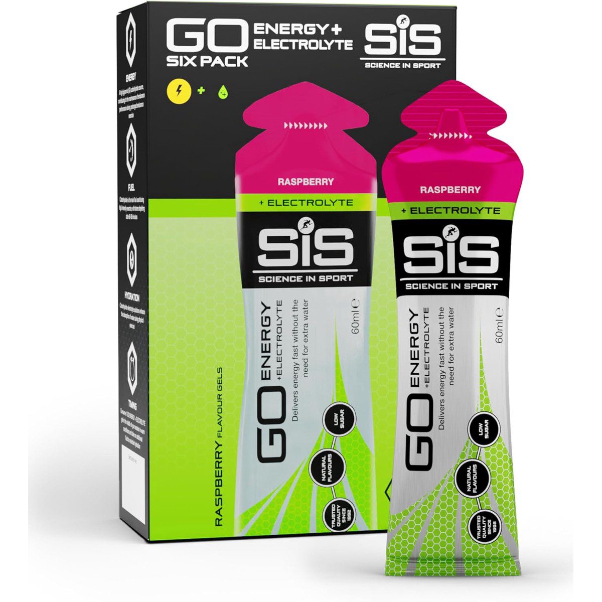 SIS Go Isotonic Energy Gel with Electrolytes- Nutrition Gel Supports Performance and Hydration for Running and Cycling- Raspberry Flavour, 60ml, Pack of 6