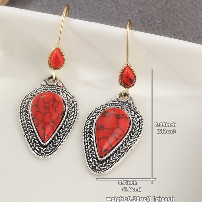 Women's Bohemian Red Synthetic Turquoise Droplet Pendant Earrings