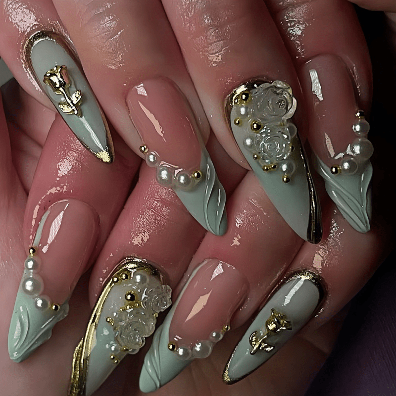 TEMU 48pcs Handmade French Tip Press On Nails Suitable For - Long Almond Shape Vintage Sage Green Golden Suitable For Weddings, Parties, , Reusable