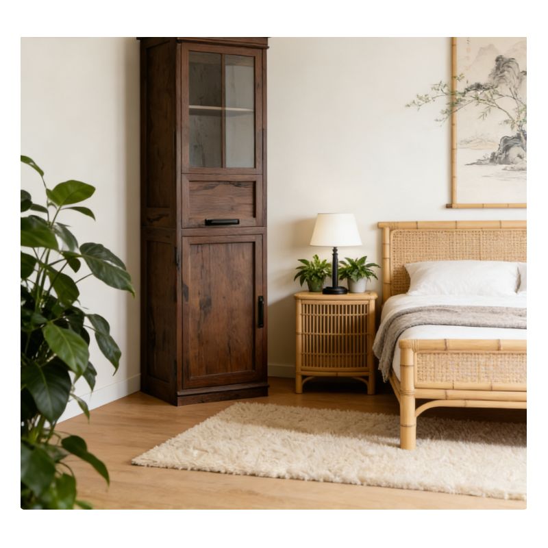 Image of Freestanding Storage Cabinet 67 Inches Tall With Glass Front Drawer And Adjustable Shelves For Living Room And Bathroom 95x45x18cm 21. 8kg