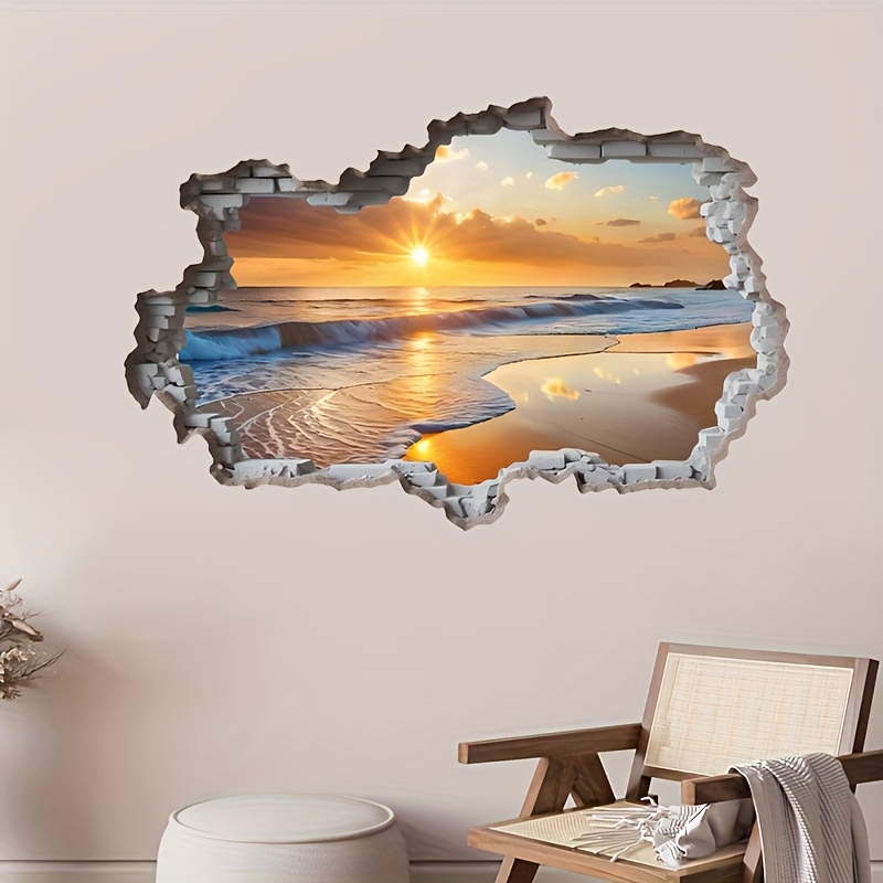 Image of Self-adhesive Waterproof Pvc Beach Wall Decal Compatible For Wet Walls - Realistic Window Film, Irregular Shaped 2d Ocean Sunset/ Sticker, Installation (no Tools)