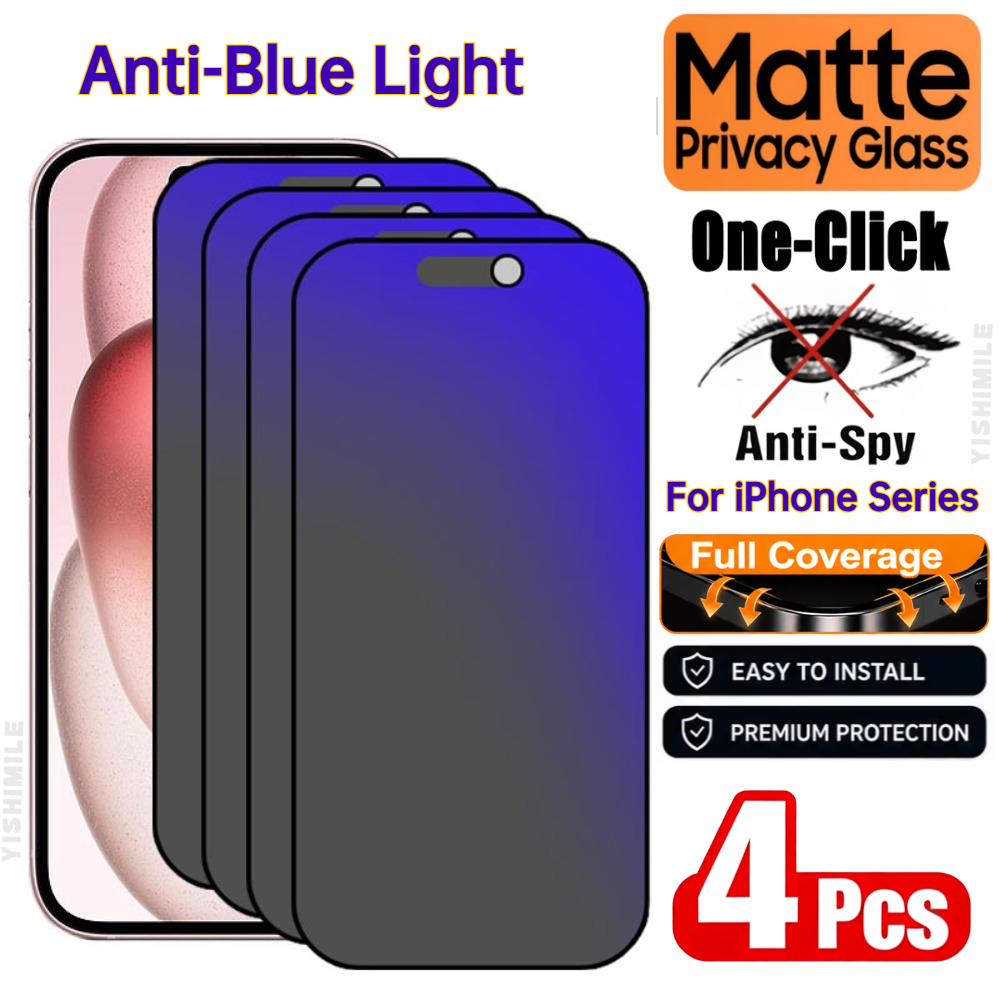 TEMU 4 Pack Matte Anti-blue Light Anti-spy Tempered Glass Screen Protector For Iphone 18 Pro Max 18 Pro 17 16 15 14 13 Plus Pro /pro Max,
