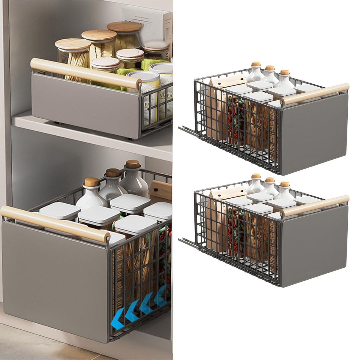 2pcs Metal Pull Out Cabinet Sliding Basket Organiser with Handle