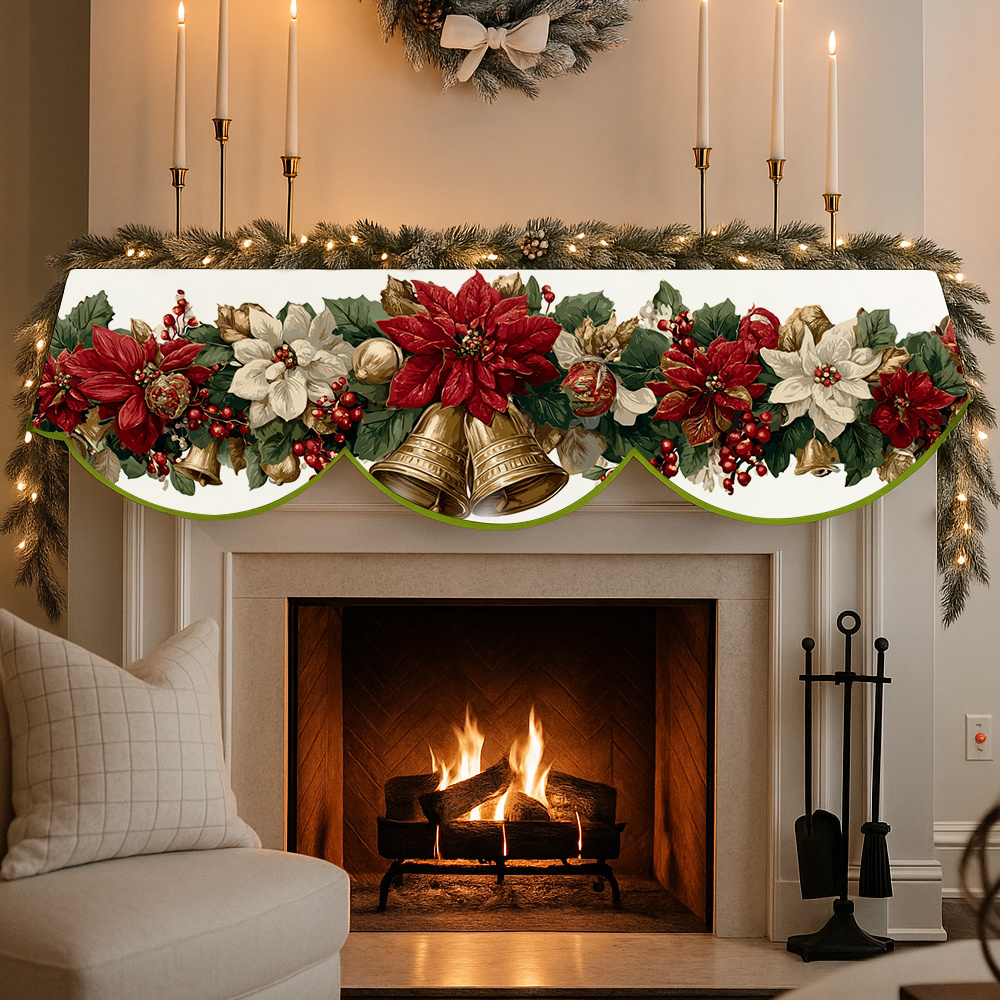 TEMU 1pc Elegant Poinsettia Fireplace Wreath With & Red Berries - Rectangular Table Runner Or Mantel Scarf Suitable For Christmas, New Year,