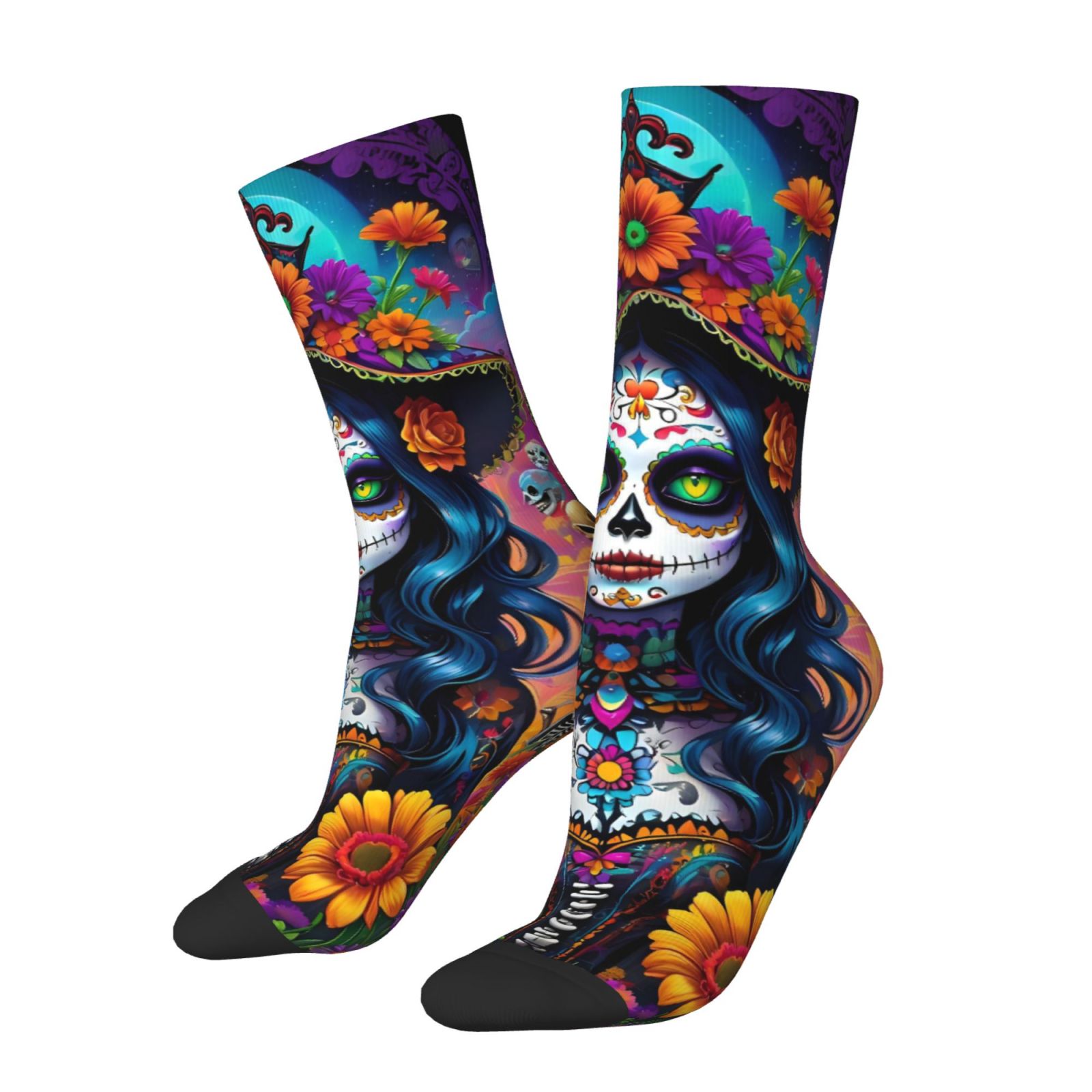 TEMU Une paire de chaussettes unisexes d'extérieur avec un imprimé floral de crâne d'Halloween, , lavables en machine, adaptées aux passionnés de