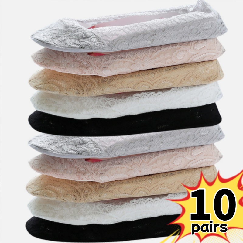 Image of 10 Pairs Women Summer Lace Boat Socks Comfortable Breathable Invisible Non-slip Daily Casual Socks