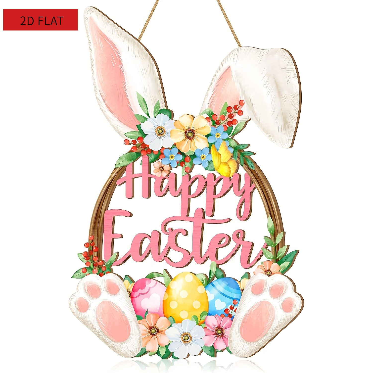 Image of 2d Flat - A 2d Flat Easter Bunny Door Hanging Decoration - Wooden Egg-shaped Sign With Bunny Tail And Floral Embellishments, "" Holiday Wall Art, Suitable For Decoration, Bunny Additions