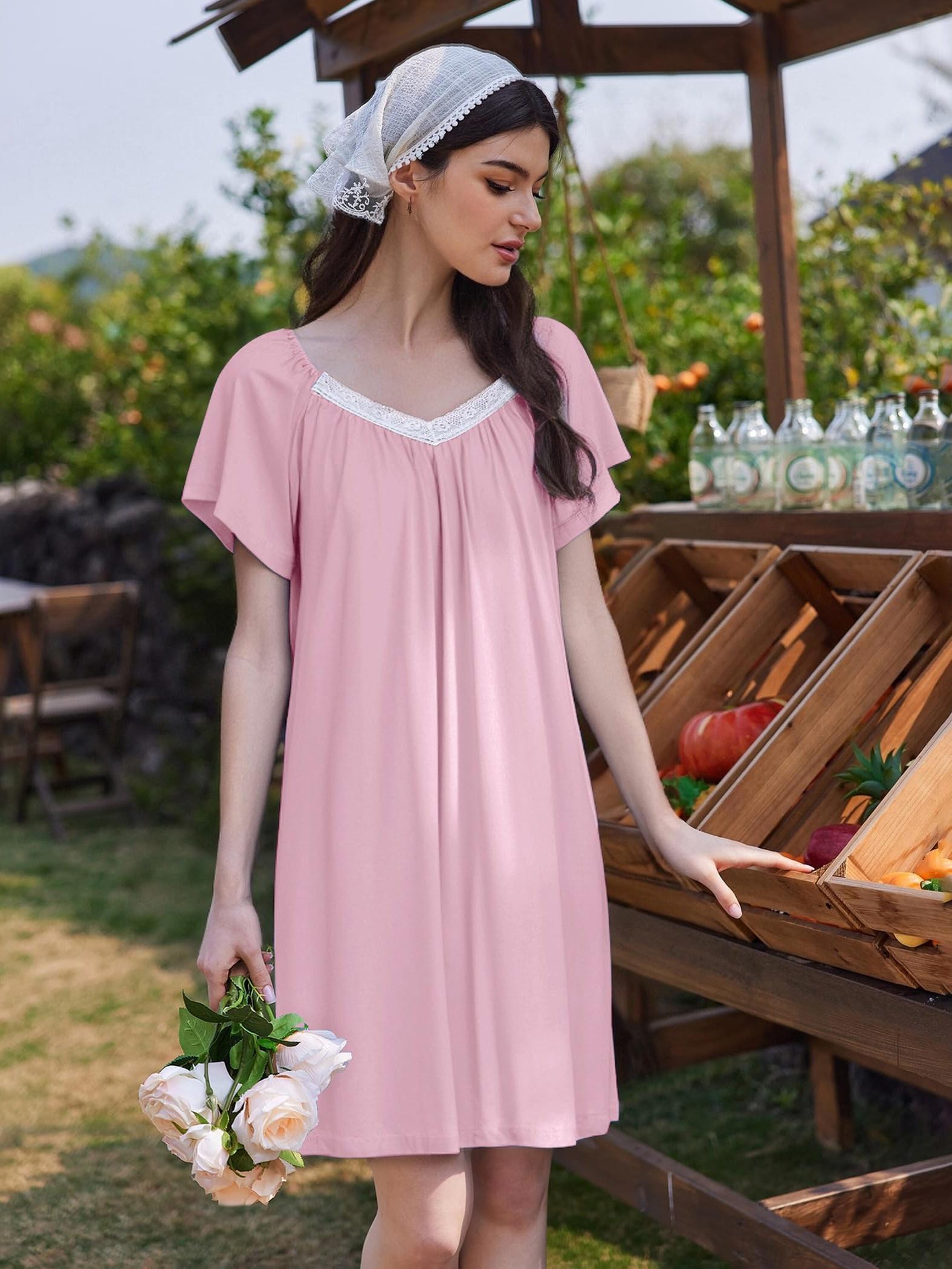 lace trim sleep maternity dress shirt flare short sleeve - Temu