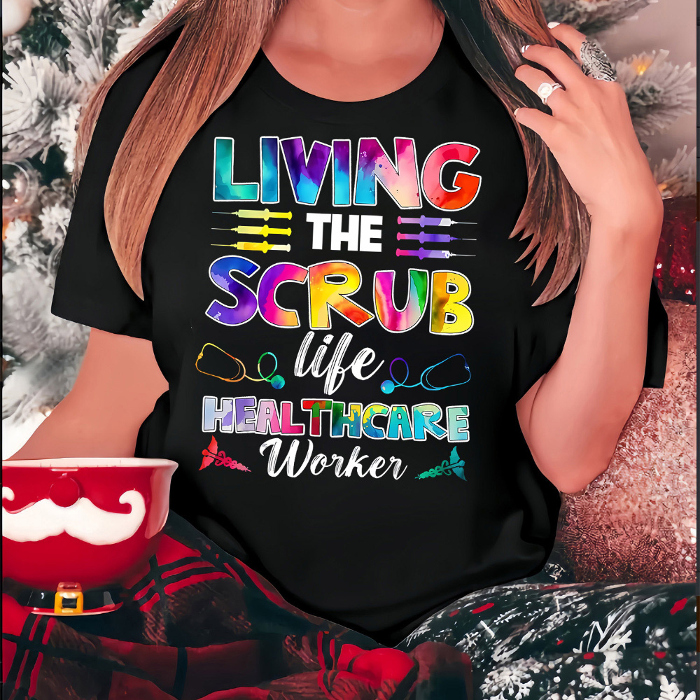 

1pc Women's Casual Crew Neck T-shirt With "living Worker" Print, Geometric Pattern, Polyester Knit Fabric, Medium Stretch,