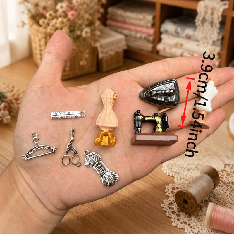 TEMU Juego de 8 piezas de maquetas de herramientas de máquina de coser vintage en miniatura, adecuadas para decoraciones de de muñecas/ de juguetes/