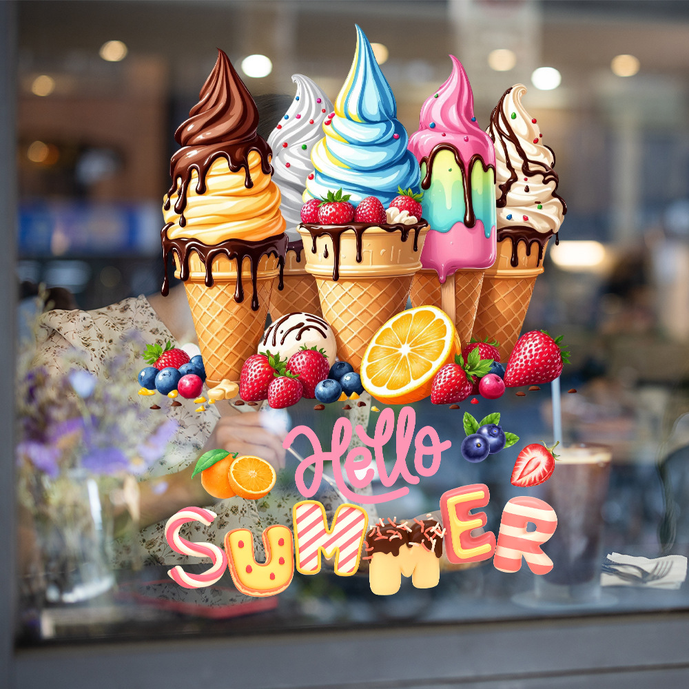 TEMU 2d Flat - 2d Flat Static Glass Sticker, \"hello Summer\" Themed Window Decal, Ice Combo Decor For Home & Store Windows