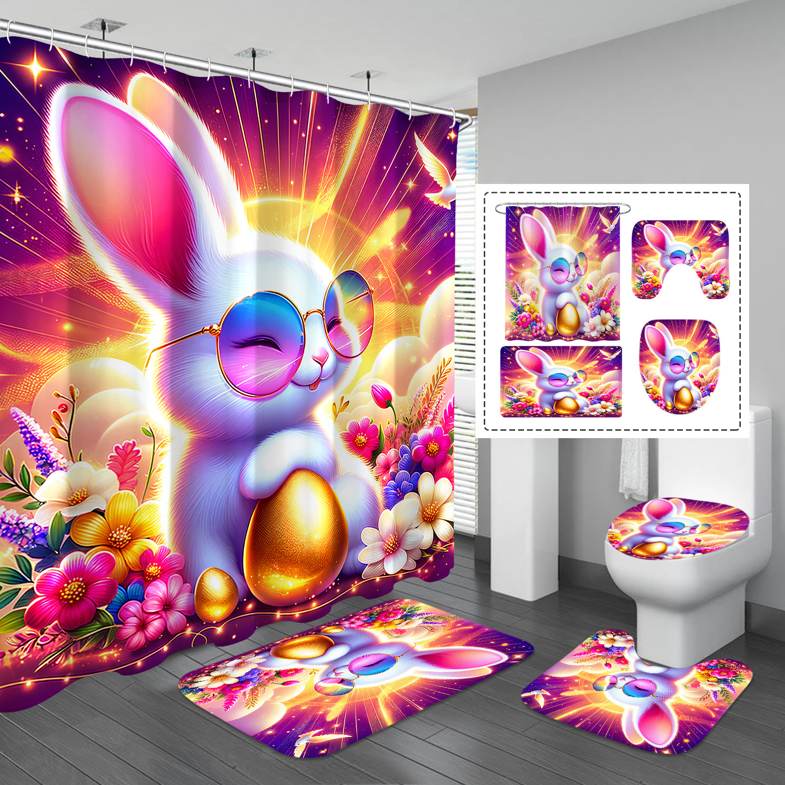 

Gibelle 1/4pcs Easter Bunny Shower Curtain Set, Gloriously Golden, Waterproof Polyester Fabric, Machine Washable, Bathroom Decor With 12 Hooks, Arts Theme, Unlined, Woven, For Valentine's Day & Easter