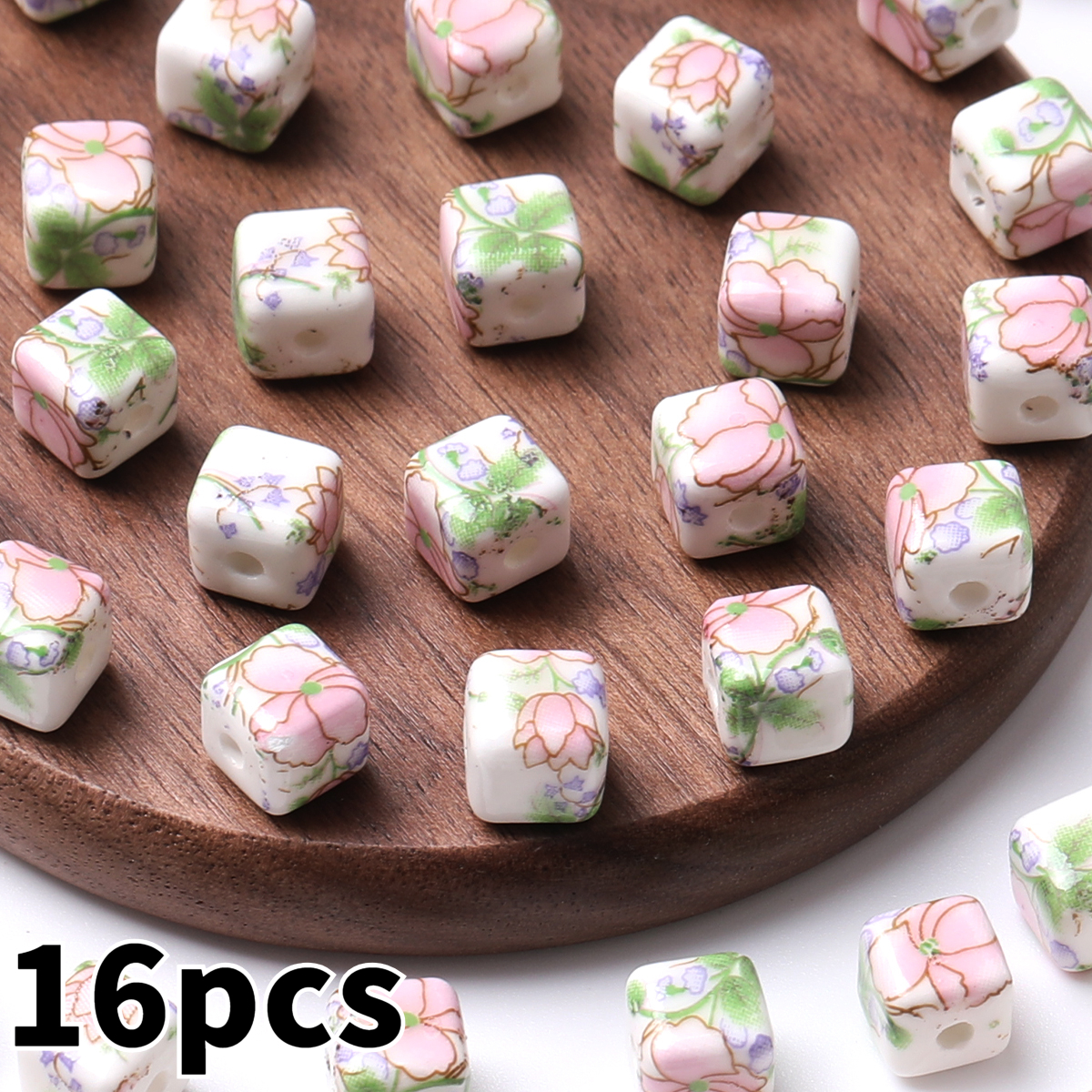 8pcs/16pcs Cube Printed Flowers Glazed Square Ceramic Beads for DIY Jewellery