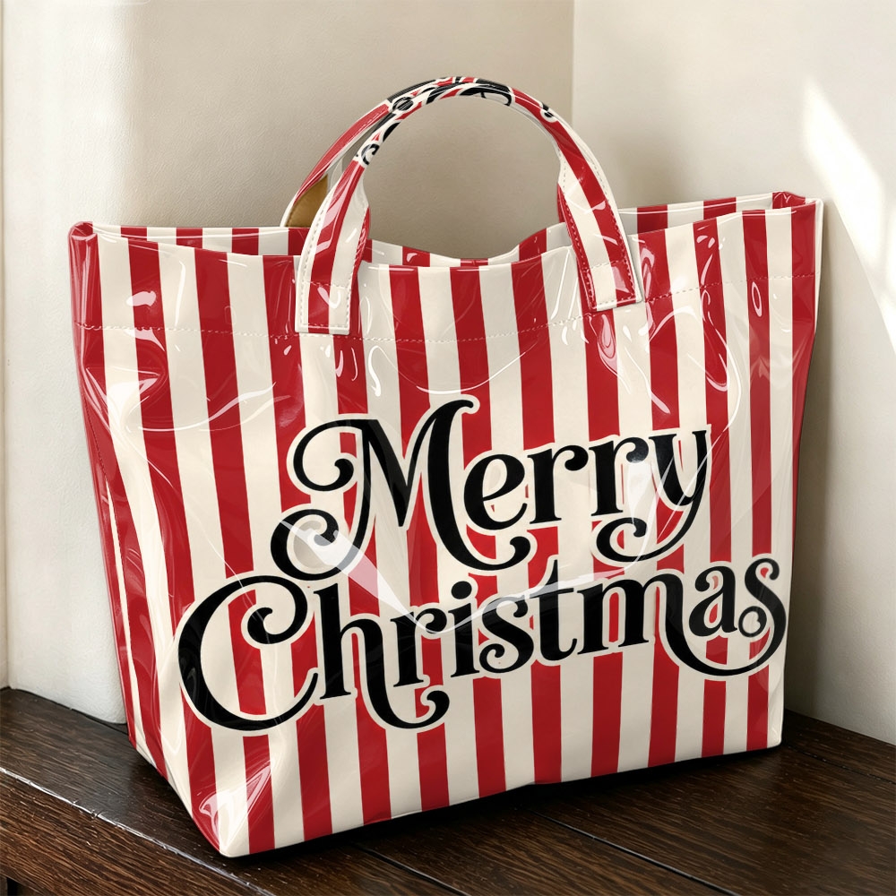 TEMU 1pc Large Capacity Hand Carry Tote Bag With Red White Vertical Stripes And 'merry Christmas' Lettering Print, Used For Christmas Shopping,
