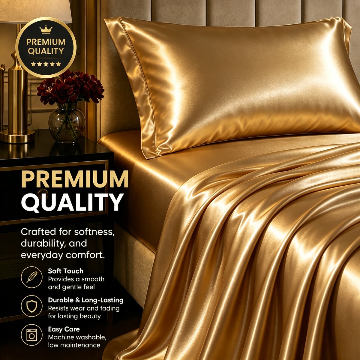 TEMU Satin Sheet Set, 3 Or 4pcs - Luxurious Black Bedding Made From Smooth, Soft Microfiber Fabric With 15-inch Deep Binding - Hair And Skin -
