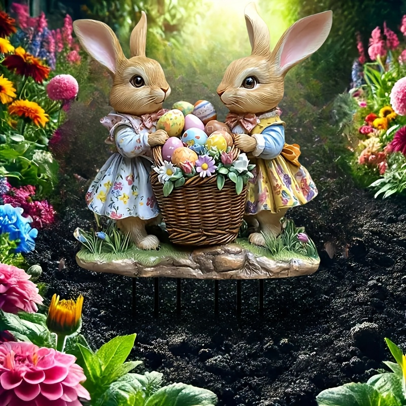 

1pc 2d Flat Easter Rabbit Garden Stand, Acrylic Statue With Easter Egg Basket, Outdoor Lawn And Garden Decoration, No Power Required, No Feathers, Easter Theme Decoration