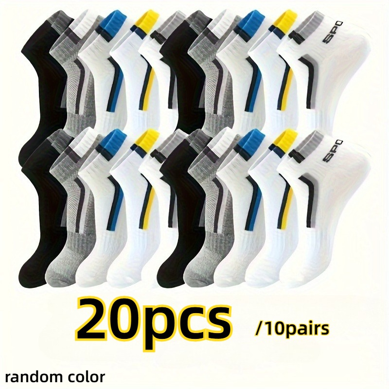 Image of 20pcs/10 Pairs Random Color Summer Lightweight Low-cut Men's Socks, Stretchy Ribbed Top, Arch Support, Breathable Design, Suitable For Basketball, Hiking, Gym, Durable, Men's Socks, Ankle Socks