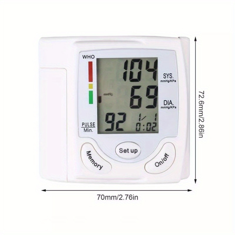 automatic wrist   with adjustable cuff home bp     measurement irregular heartbeat alert   normal diastolic pressure display portable arm cuff for adults battery powered batteries not included ideal for   monitoring travel   management userfriendly design   cuff   reliable performance elderly care Product details 9
