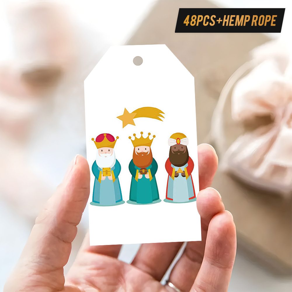 TEMU 48 etiquetas de regalo navideñas con cuerda de y fácil de colgar, diseño de , para etiquetas de regalos religiosos, decoración de árboles,