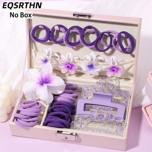 58pcs purple hair accessories set large square claw clips clear flower mini clips no damage hair ties elegant
