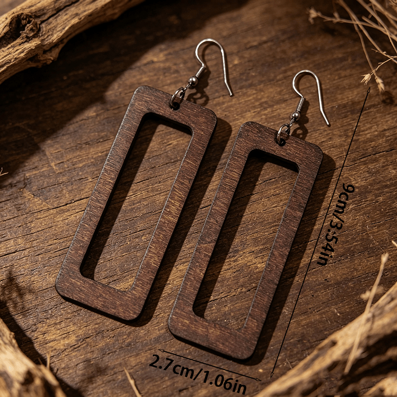 Women's Ethnic Style Wooden Rectangular Earrings, Gift