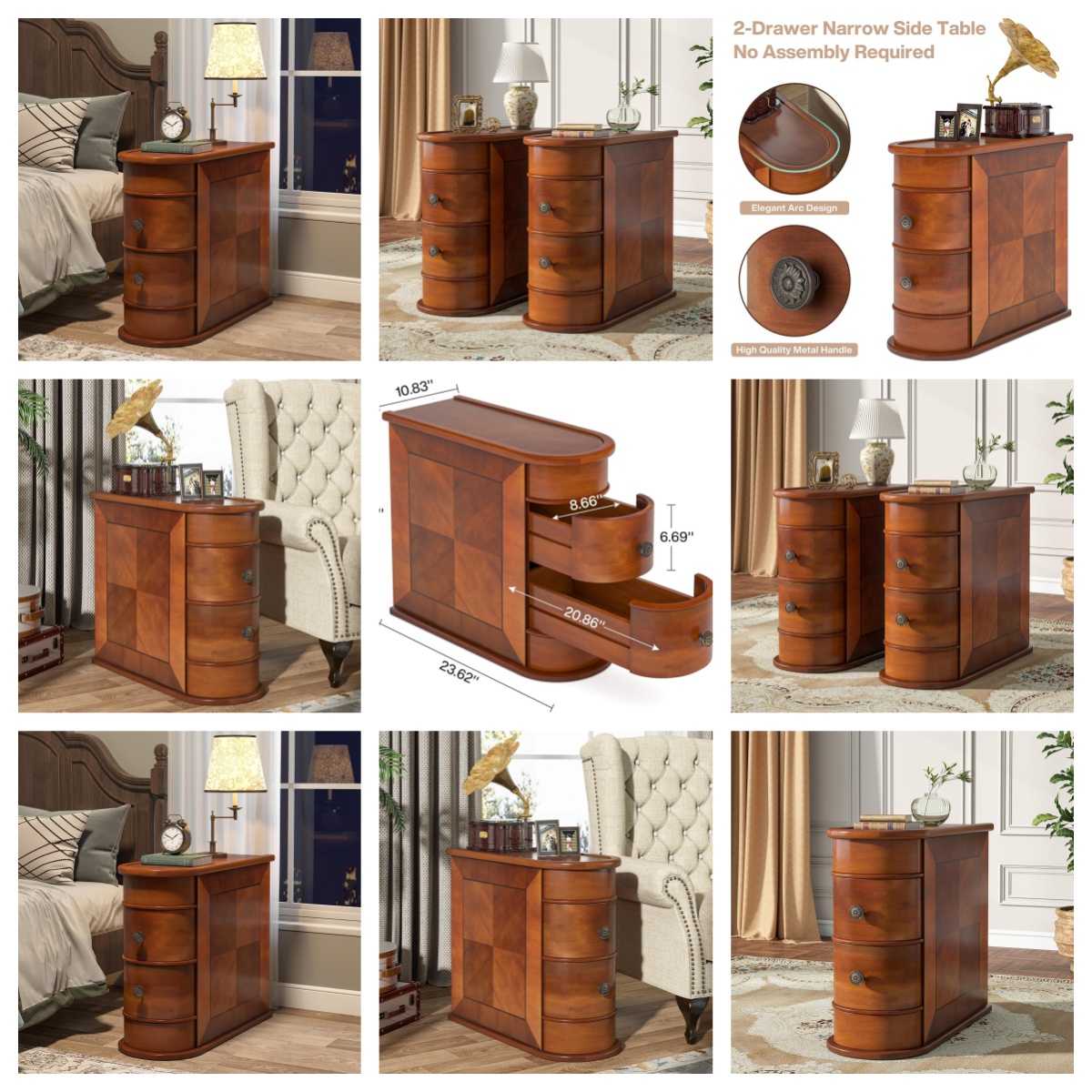 Solid Wood Side Table, 2-drawer Narrow End Table Slim Chair Side Table, Bedside Tables, No , Finished Back, Walnut