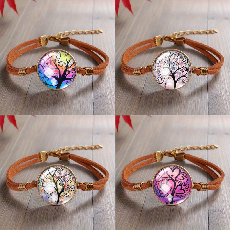 TEMU 4pcs Colorful Tree Of Life Landscape Pattern Round Glass Dome Brown Bracelets Accessory Gifts For