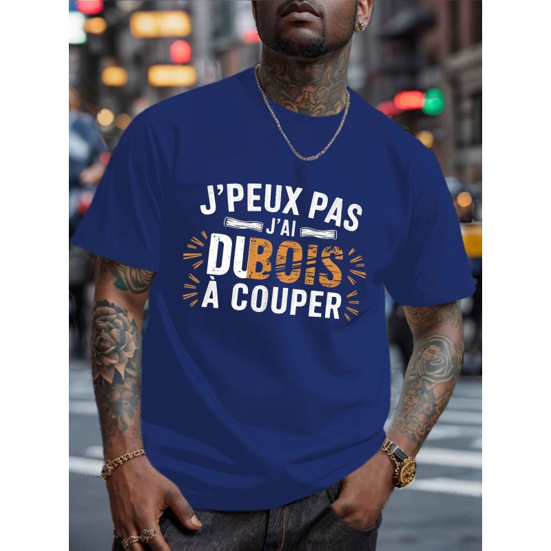 

T-shirt décontracté à col rond pour homme avec géométrique en bois rustique, tissu tricoté % polyester, légèrement extensible, coupe régulière, haut d'été léger