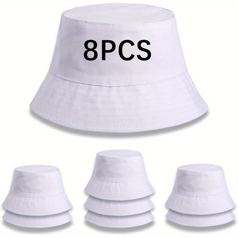 Image of 4/8/12pcs White Sublimation Blank Bucket Hats, Fisherman Hats, Loose Double-sided Wearable, Suitable For Summer Beach Outdoor Camping Solid Color, Hand-painted Dye Hats