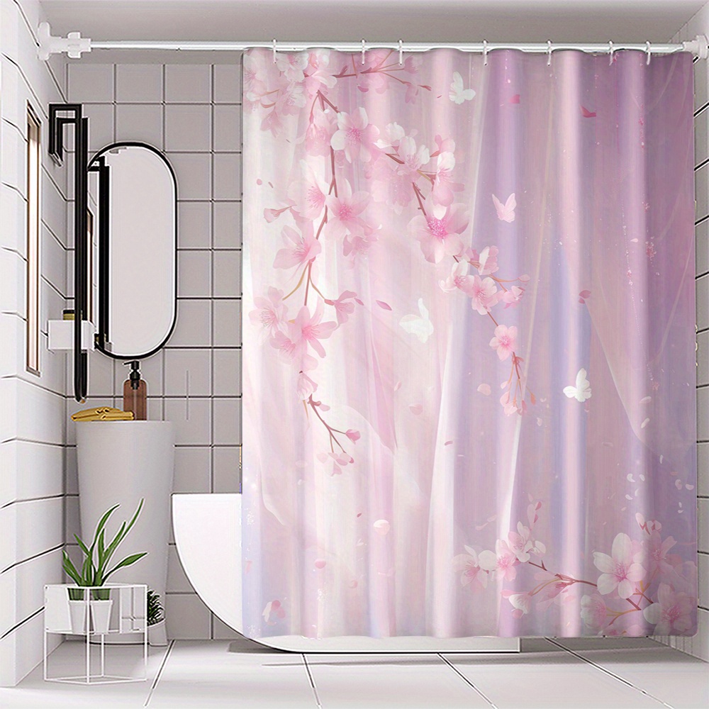 

de Douche en Polyester Imperméable avec Numérique de Fleurs de Pêcher Roses et Papillons, Installation Perçage, Crochets - Lavable en Machine, de Rideaux de Douche pour de Bain