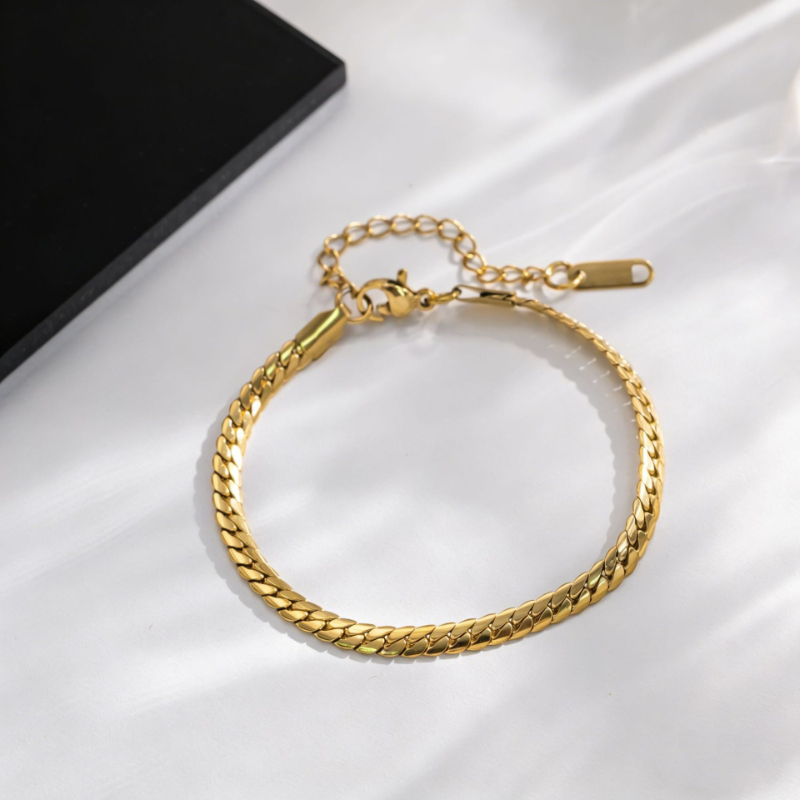 Unisex Gold Plated Stainless Steel Thin Flat Cuban Link Bracelet