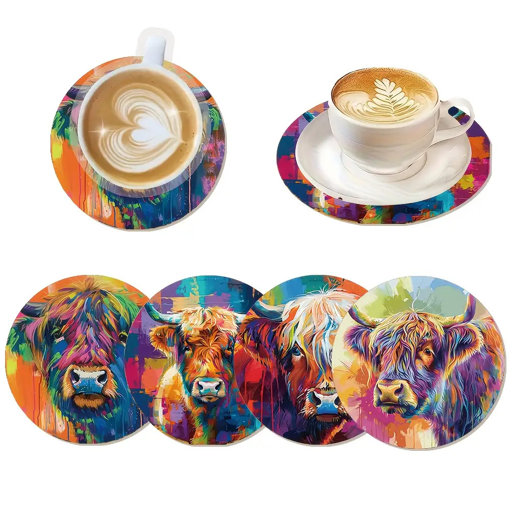 TEMU 4pcs Round Wooden Coasters, Oil Painting Highland Cow Pattern, Non-slip Heat-resistant Pads, Rustic Farmhouse Style, Suitable For Coffee Cups,