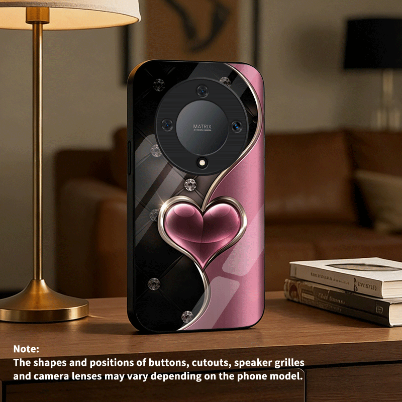 TEMU Phone Case - Black Heart-shaped Pattern White Light Glass Phone Case, Light Luxury And High-end, Suitable