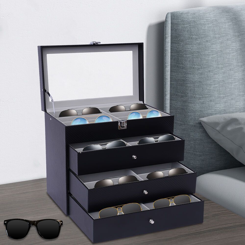 1pc extra large glasses storage cabinet - heavy-duty pu display case with 24-slot organizer box, golden hinges & clear top lid | scratch-resistant eyeglass/  cabinet for optician, lab, home | large capacity (24-slot) with pull-out drawer-like access | sturdy density board & flannel lining | & dustproof | multi-drawer display for glasses, watches, accessories ( ) 0