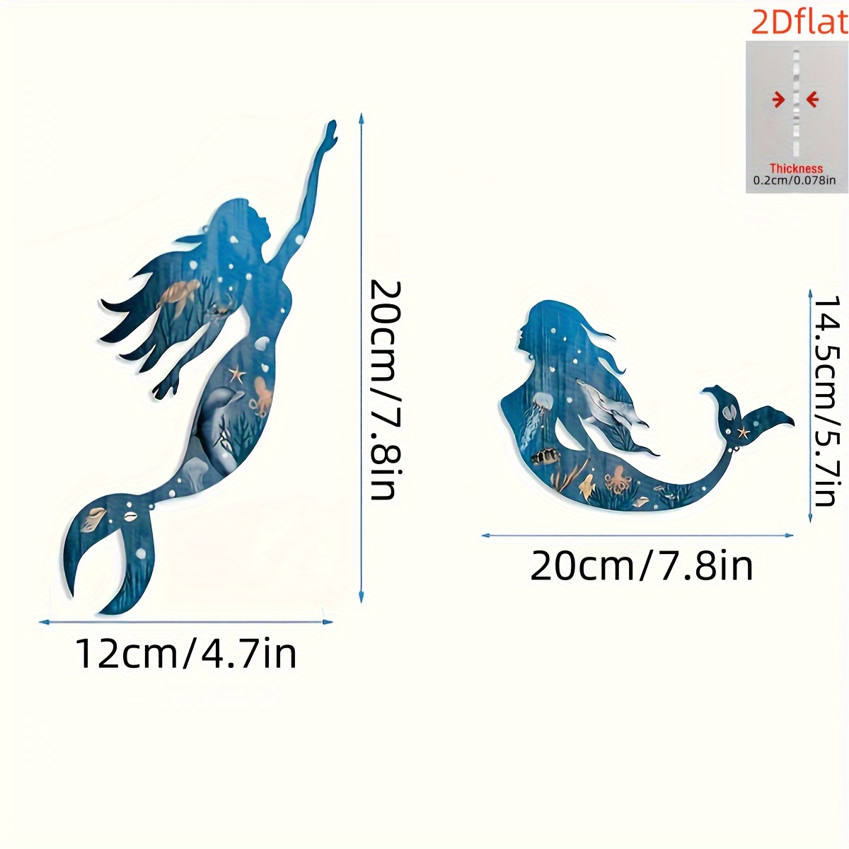 TEMU 2d Flat, A Pair Of Mermaid Acrylic Wall Art Decorations, Blue Ocean Themed Outdoor Hanging Sculptures, No Electricity Required, Wall-mounted