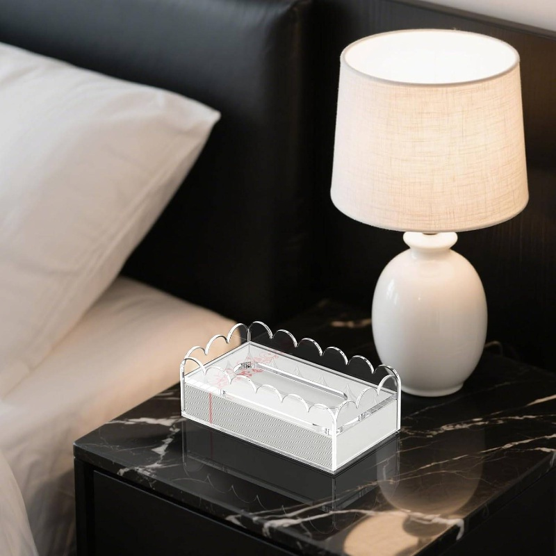 clear acrylic tissue box cover holder with non-slip lid - heavy-duty 8mm thick rectangular napkin dispenser organizer, fits standard tissue boxes, modern white &   for bathroom, office, kitchen countertop storage (8.9 x4.9 x2.9 ) - dust-resistant & hygienic surface protector, tissue box holder, facial tissue holder, kleenex box holder, kleenex box cover Product details 1